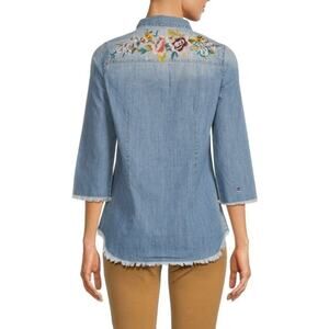 Etienne Marcel Embroidered Floral Button-Up Denim Shirt Blue Women's Size Small